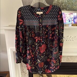 LOFT Navy Long Sleeve Buttoned Placket Blouse